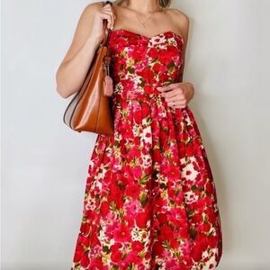 Vintage Newport News Strapless Floral Dress - Red and Pink